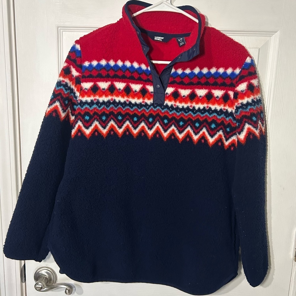 Lands' End Heritage Fleece Snap Neck Pullover  Fair Isle chevron Size Small 6-8